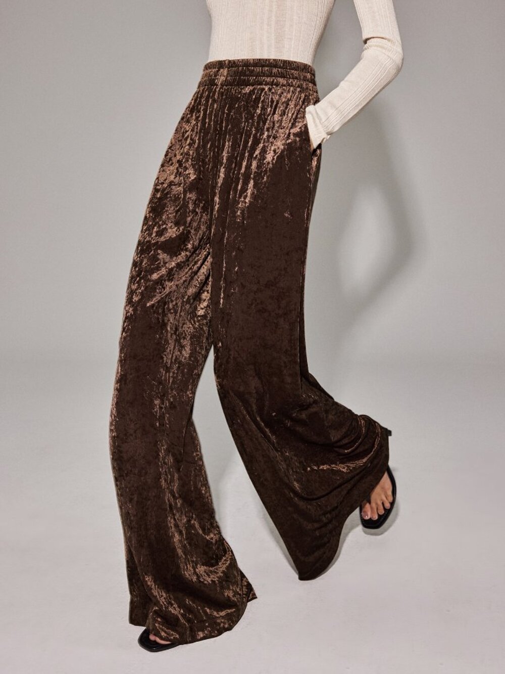 Brown Elegant Women's Pocket Contrast Sequin Straight Leg Long Trousers - Picture 3 of 8